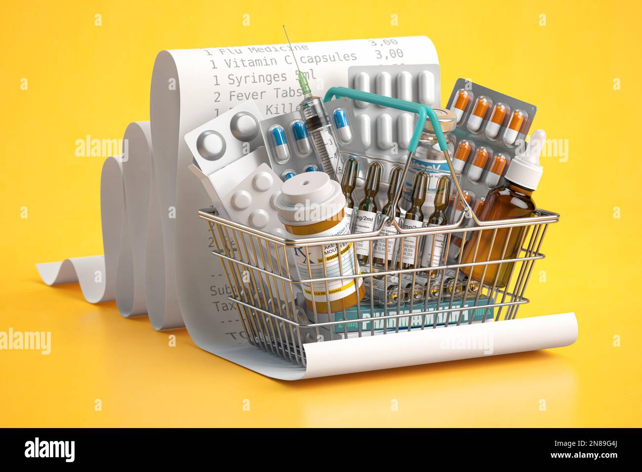Einkaufskorb voll mit Medikamenten, Pillen, Blasen und Impfstoff auf einer Quittung. Teures Medizin- und Gesundheitskonzept. 3D Abbildung Stockfoto