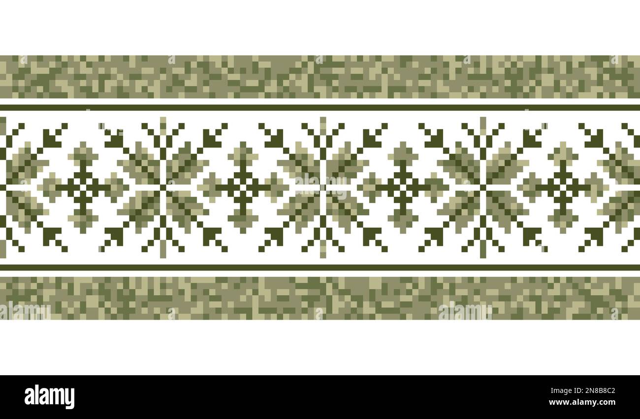 Militärisches Pixel-Art-Vektormuster. Modedruck in Grün. Traditionelle ukrainische Stickerei. Militärisch strukturierte Einrichtung, nahtlos Stock Vektor Militärisches Pixel-Art-Vektormuster. Modedruck in Grün. Traditionelle ukrainische Stickerei. Militärisch strukturierte Einrichtung, nahtlos Stock Vektor