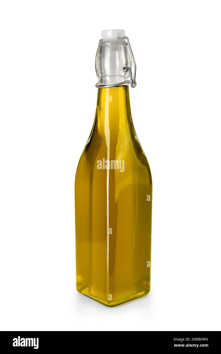 Natives Olivenöl extra in Glasflasche mit luftdichter Kappe und Schnappverschluss, isoliert auf weißem Clipping-Pfad Stockfoto