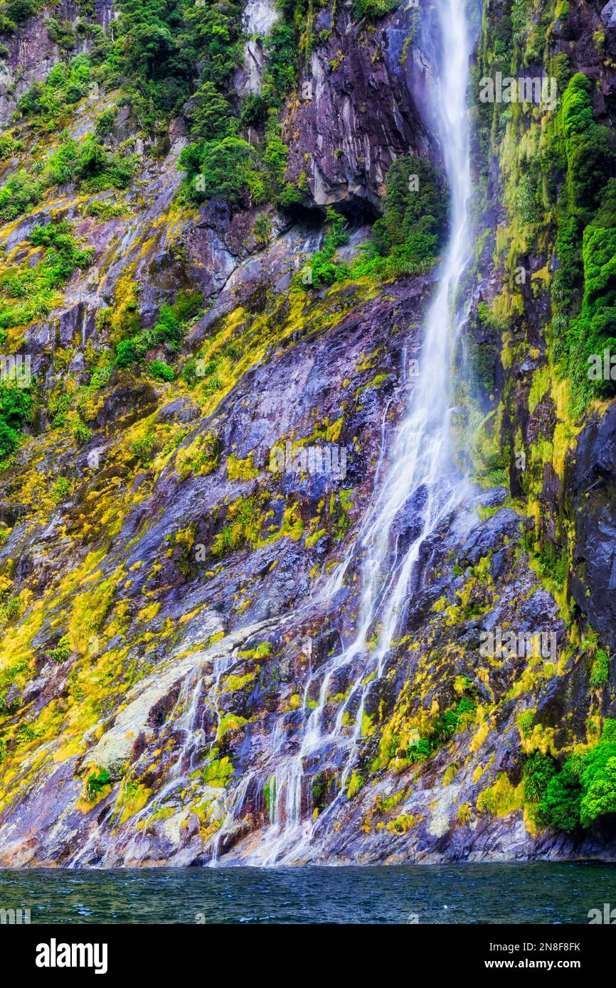 Hängender Valley Gletscher Perma Wasserfall im Milford Sound Fjord von Neuseeland - malerische Landschaft. Stockfoto