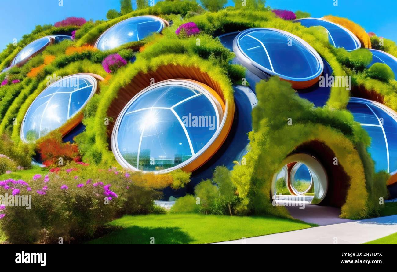 Illustration futuristischer, umweltfreundlicher Grünhäuser Stockfoto