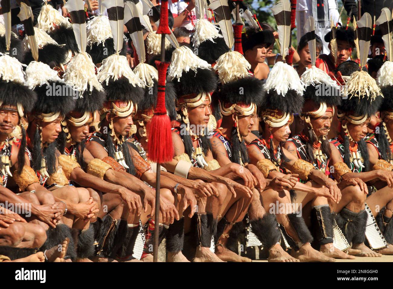 A group of Naga tribals in traditional attire attend the Hornbill ...