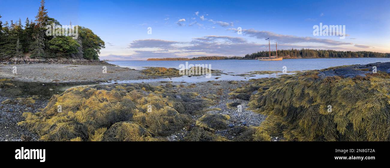 Ein klassischer Schoner liegt friedlich vor Anker in einer Bucht in der Penobscot Bay von Maine Stockfoto