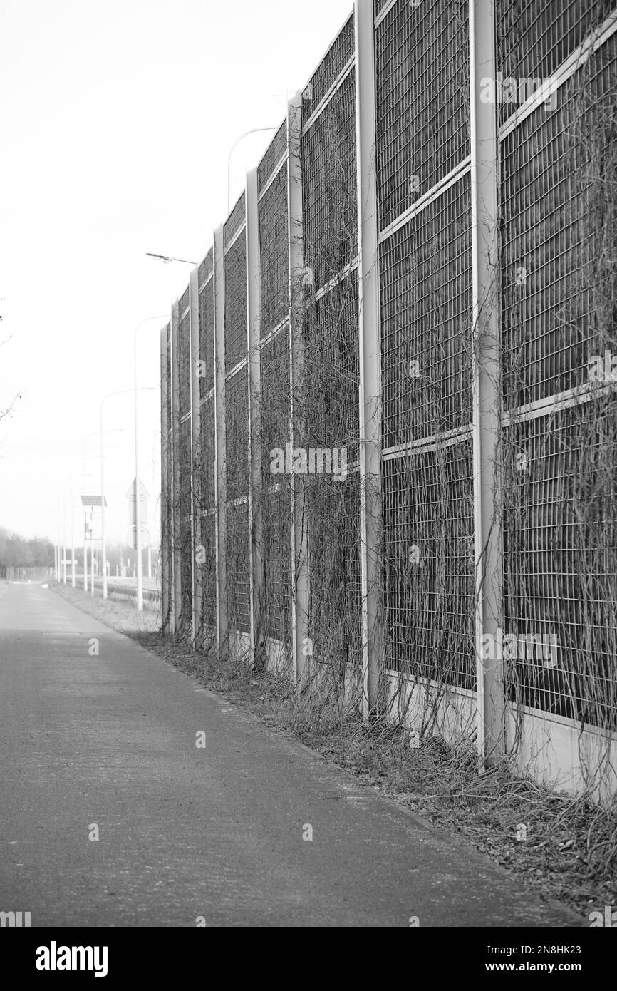 Eine vertikale Graustufenaufnahme einer Schallschutzwand in einer leeren Straße Stockfoto