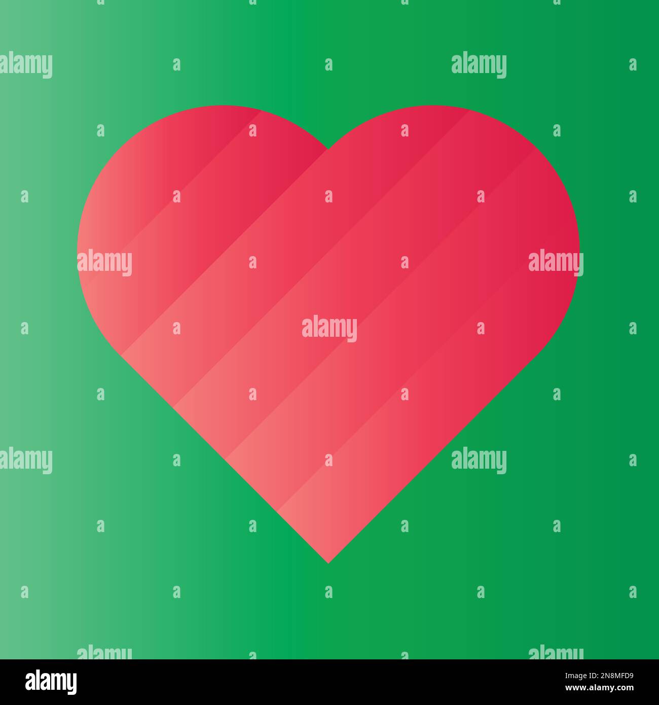 Rosafarbenes Herz mit verlaufenen Streifen auf grünem Hintergrund. 3D-Effekt. Symbol der Liebe und Valentinstag am 14. Februar. Vektordarstellung. Stock Vektor