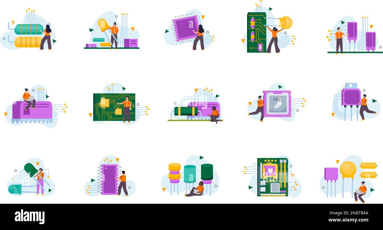 Flache, von Mikrochips isolierte Symbole mit Hardwareelementen und Vektordarstellung für winzige Personen Stock Vektor