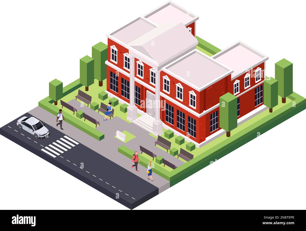 Klassisch-architektonische isometrische Komposition mit Außenansicht des Gebäudes mit Säulen, mittelalterlichen Fenstern, Menschen und Bänken, Vektordarstellung Stock Vektor