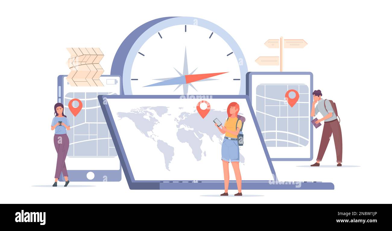 Geolokalisierung flache Komposition mit Online-Karten auf verschiedenen Gadgets Kompass und Menschen, die Online-Navigator-Vektordarstellung verwenden Stock Vektor