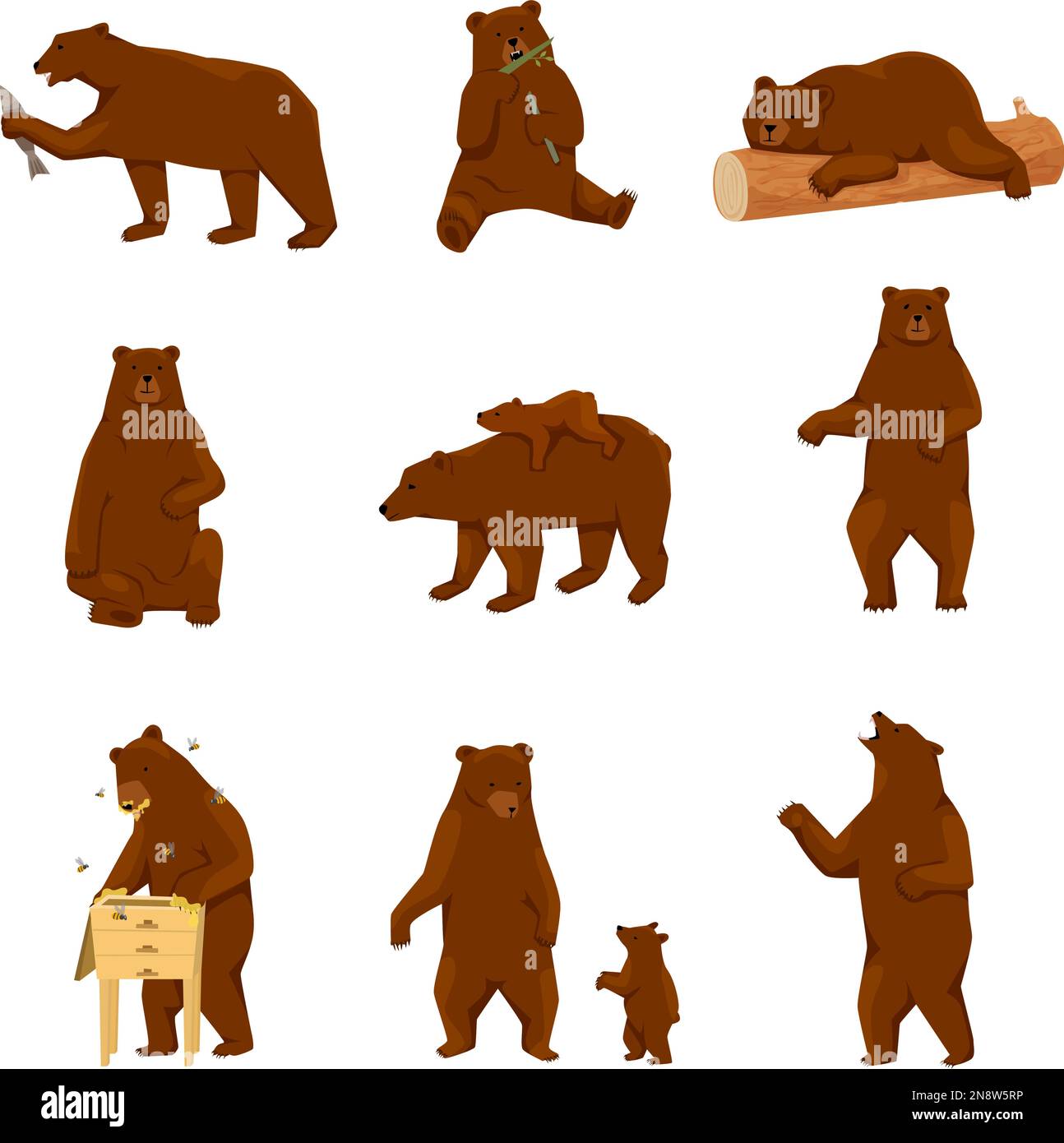 Grizzly Bears flache Ikone mit isolierten Blicken auf wandelnde Bären mit Jungfischen und Bienenstöcke Stock Vektor