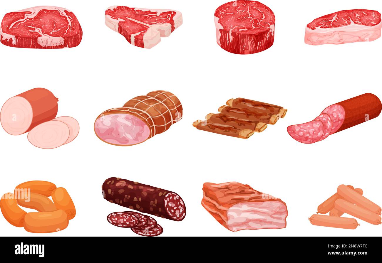 Flache Fleischprodukte mit Einzelbildern von rohen Steaks, Würstchen und Speck auf leerem Hintergrund, Vektorbild Stock Vektor