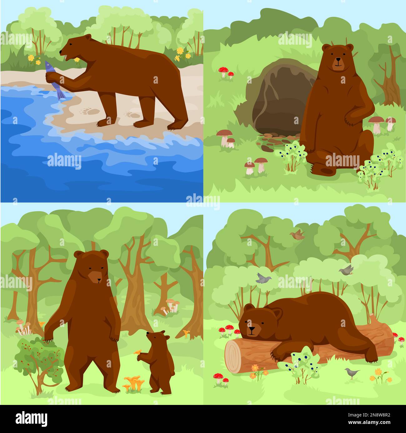 Set mit vier quadratischen Kompositionen mit Waldlandschaften im Freien und braunen Grizzlybären in ihrem Lebensraum, Vektordarstellung Stock Vektor