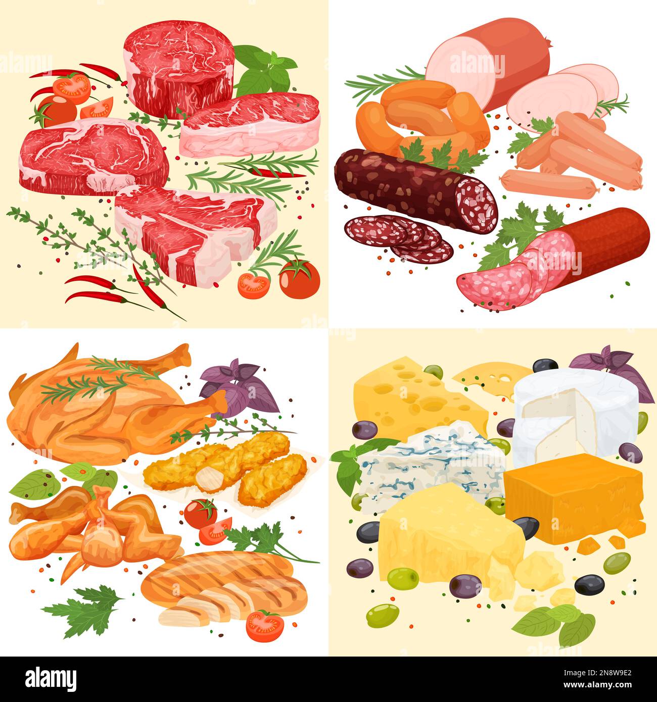 Fleischprodukte Flachset mit quadratischen Zusammenstellungen von Steaks, Schweinewürsten, Schinken, Speck und Käse-Vektoranordnung Stock Vektor