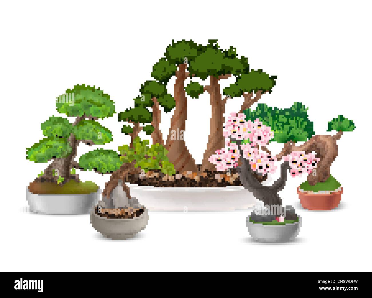 Realistische japanische Bonsai-Baumzusammensetzung mit blühender Sakura im Blumentopf-Vektorbild Stock Vektor