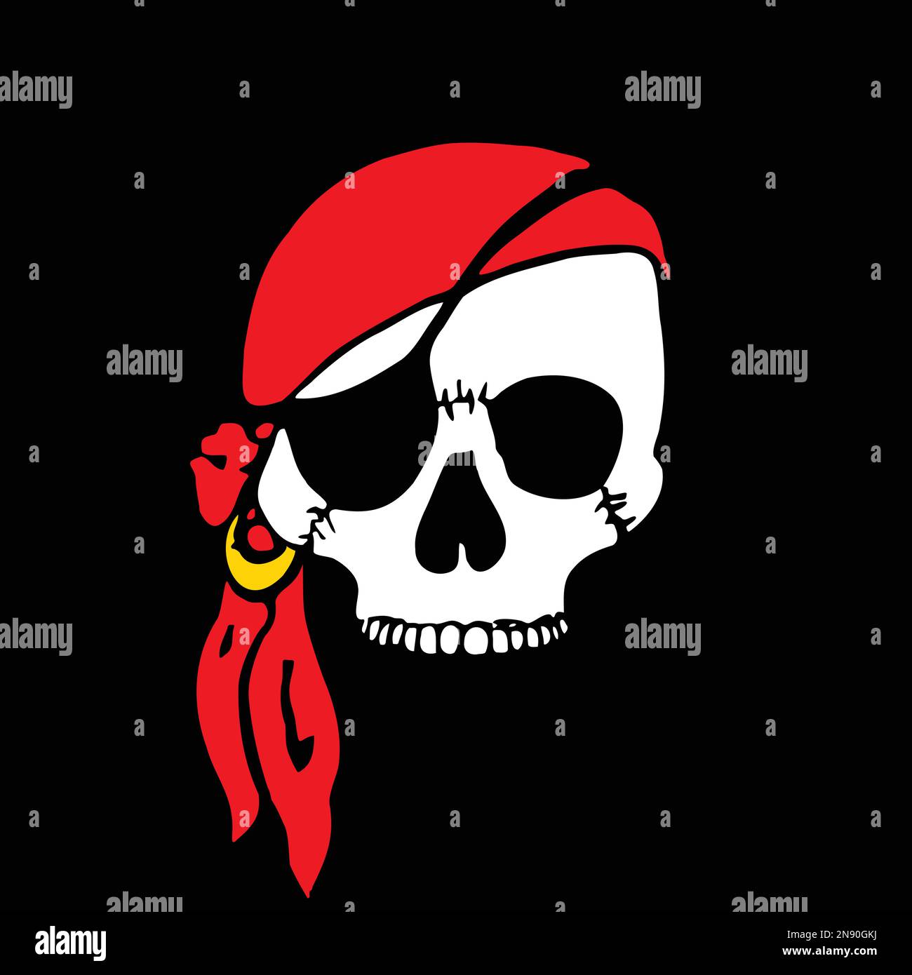 Piratenschädel mit rotem Bandana und schwarzer Augenklappe, Vektordarstellung isoliert auf schwarzem Hintergrund Stock Vektor