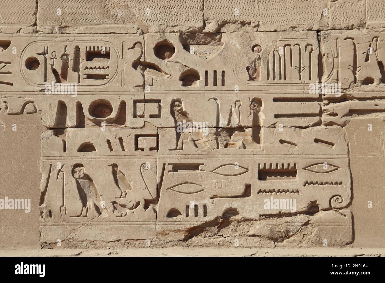 Alte ägyptische Hieroglyphen, die in die Wände des Karnak-Tempels in Luxor, Ägypten, gemeißelt wurden Stockfoto