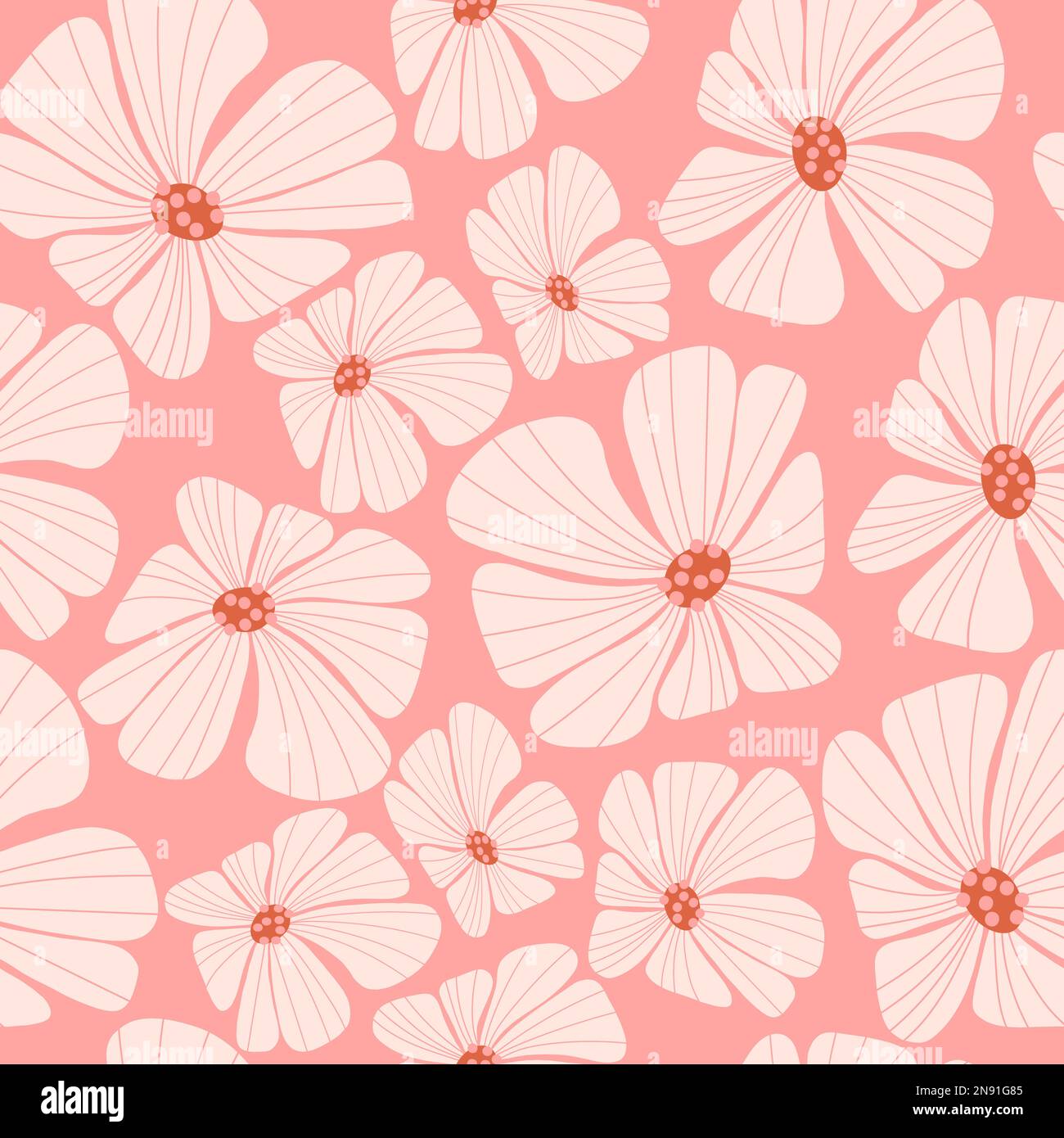 Nahtloses Blumenmuster im Retro-Stil mit Groovy-Blume auf pinkfarbenem Hintergrund. Vektordarstellung. Ästhetik Moderne Kunst handgezeichnet für Tapete, Design Stock-Vektorgrafik