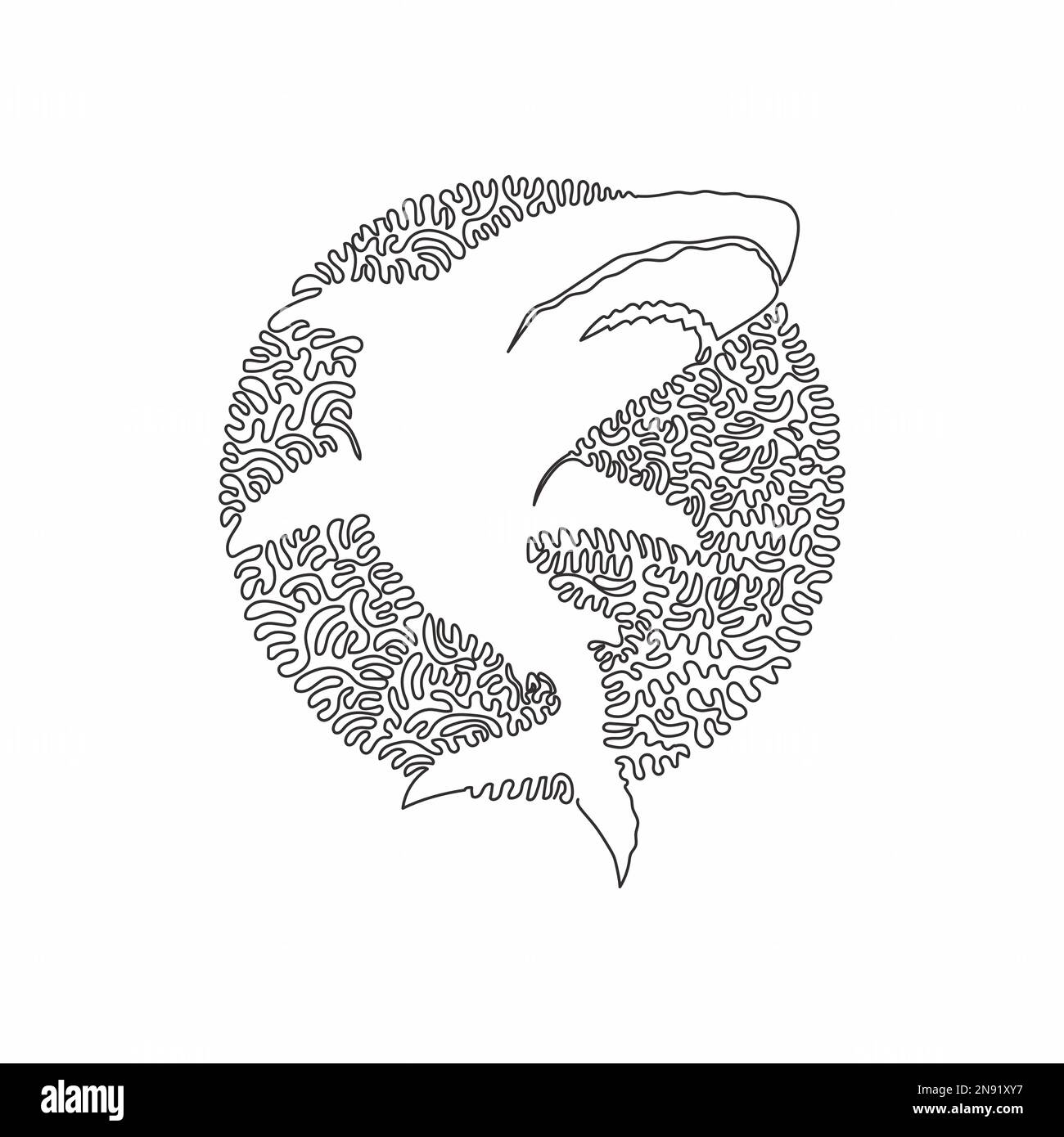 Durchgehende Kurve eine Linienzeichnung von Haiangriffen abstrakte Kunst im Kreis. Einzeilige editierbare Strichvektordarstellung eines Raubhais für Logo Stock Vektor