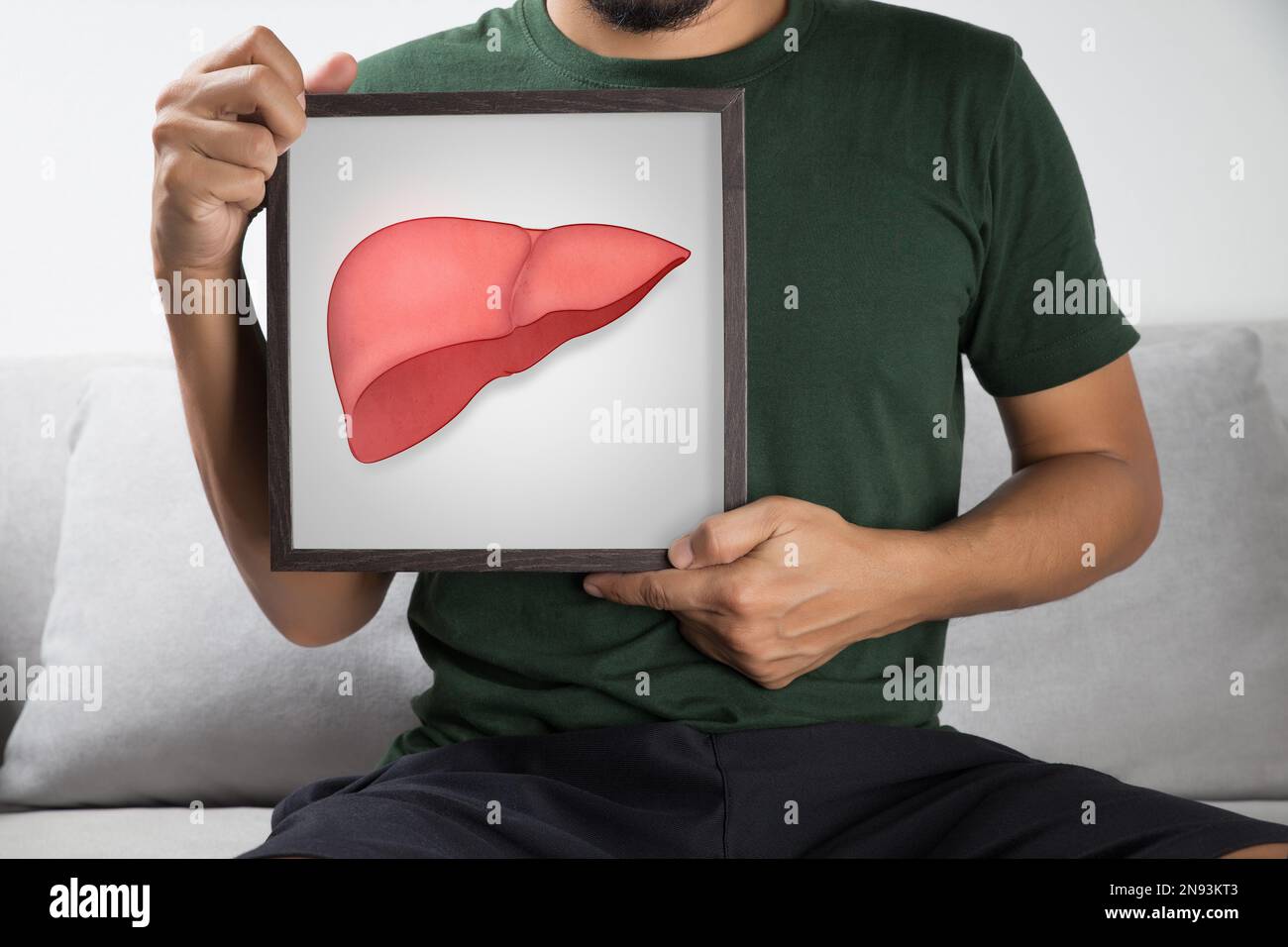 Das Foto der Leber auf dem menschlichen Körper, Hepatitis, Konzept mit Healthcare and Medicine. Stockfoto