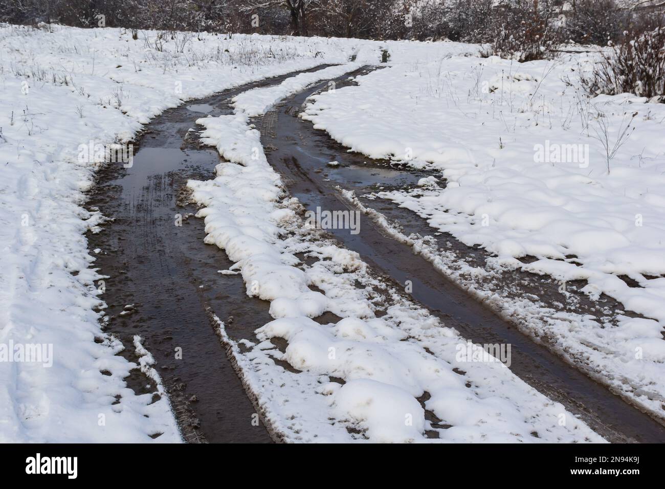 Eine Landstraße durch den Wald, eine nasse Straße mit Schnee, der von den Bäumen fällt. Stockfoto