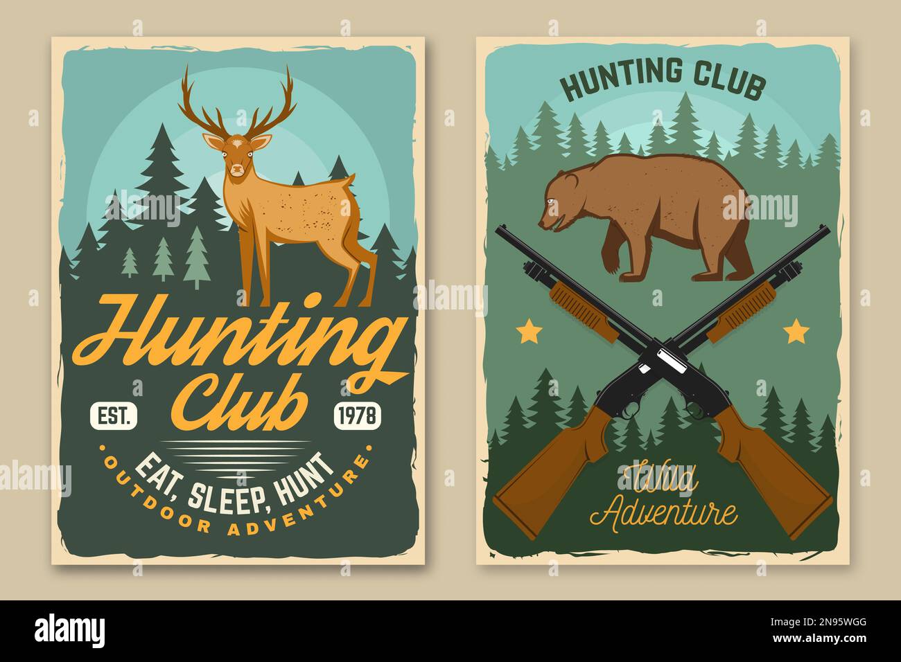 Poster des Jagdclubs, Banner. Vektor. Vintage-Design mit Jagdgewehr, Bär, Hirsch und Waldsilhouette. Emblem des Outdoor Adventure Hunt Clubs Stock Vektor
