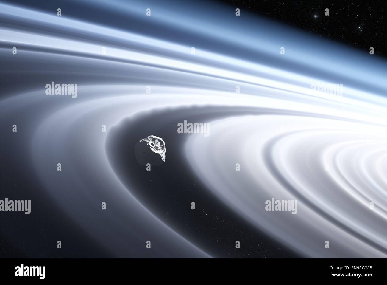 Saturn-Planetenringsystem. Der Gravitationszug von Monden und Störungen im Saturn-Ring. 3D Abbildung Stockfoto