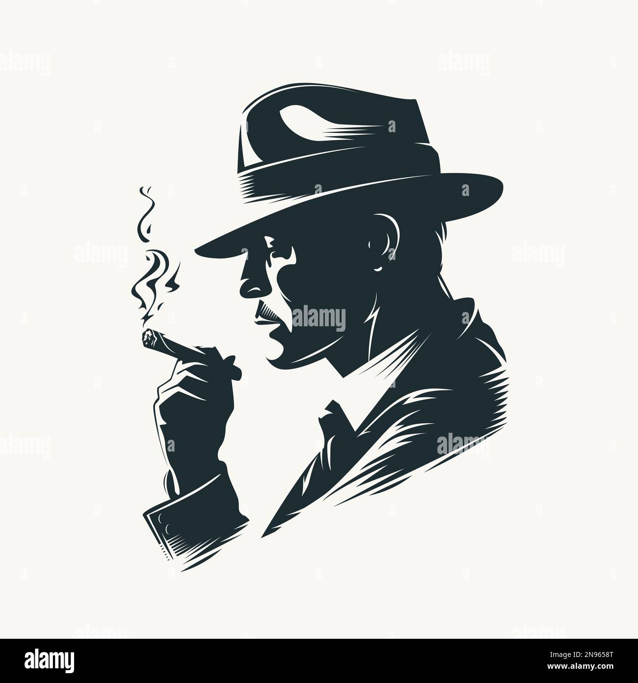 Silhouette eines Mannes mit Hut, der eine Zigarre raucht. Retro-Vektordarstellung eines Noir-Gentleman. Stock Vektor