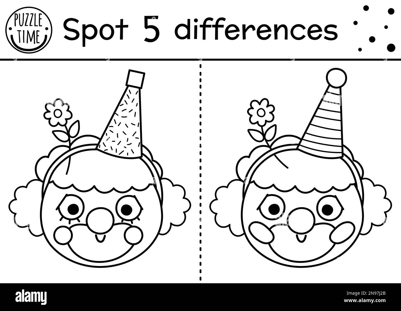 Zirkus Schwarz-Weiß findet Unterschiedsspiele für Kinder. Pädagogische Aktivität mit süßem Clowngesicht. Ein Puzzle für Kinder mit einer lustigen A. Stock Vektor
