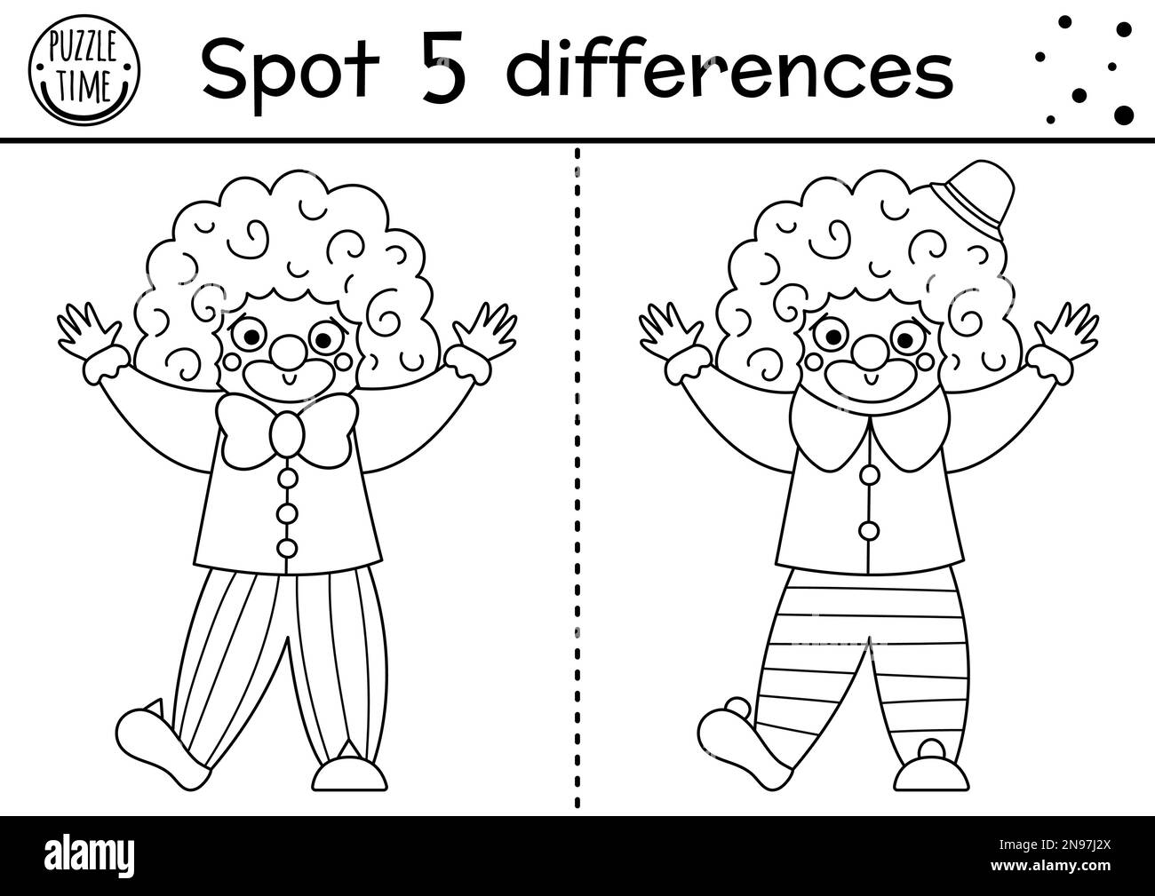 Zirkus Schwarz-Weiß findet Unterschiedsspiele für Kinder. Pädagogische Aktivität mit süßem Clown. Puzzle für Kinder mit lustigen Künstlern Stock Vektor