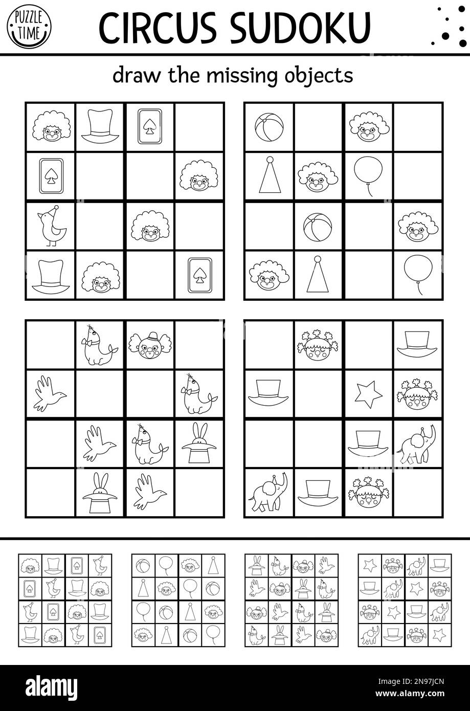 Schwarz-weißes Sudoku-Puzzle für Kinder mit Bildern. Einfache Line-Entertainment-Show-Quiz. Bildungsaktivität oder Ausmalseite mit Clown A Stock Vektor