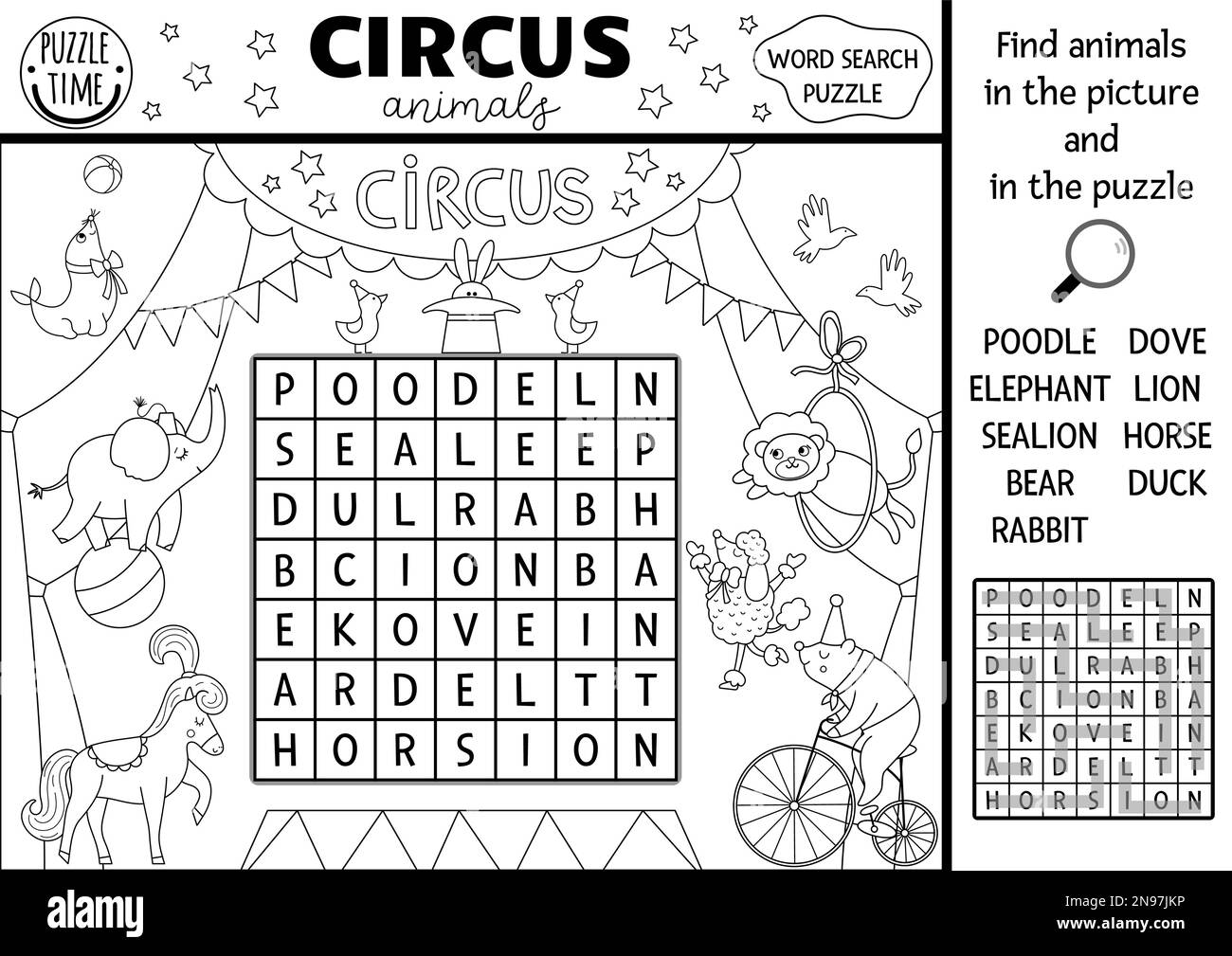 Vektor-Zirkus-Wortsuche-Rätsel für Kinder. Einfaches Schwarz-Weiß-Kreuzworträtsel mit lustigen Tierdarstellern auf der Bühne. Linienaktivität mit lio Stock Vektor