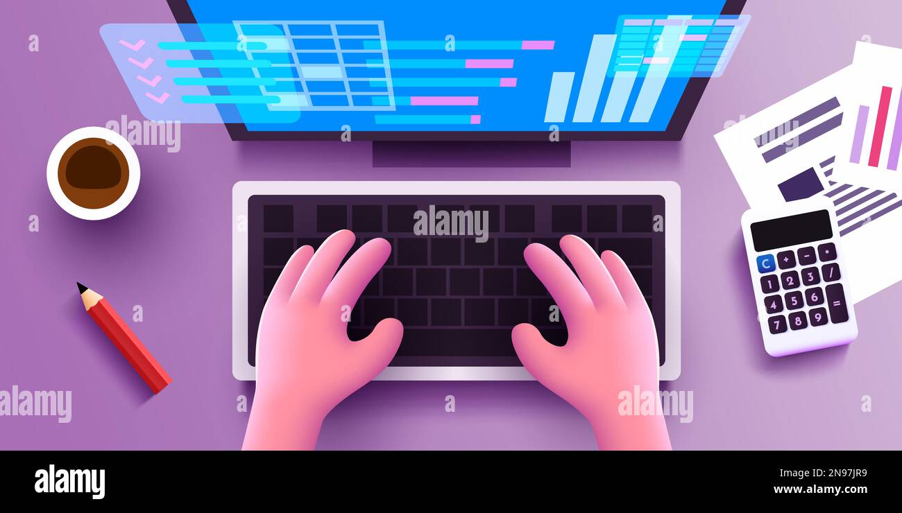 Niedliche 3D menschliche Hände arbeiten auf einer Computertastatur. Finanzgeschäftsanalyse und Buchhaltungskonzept. Blick von oben. Vektordarstellung Stock Vektor