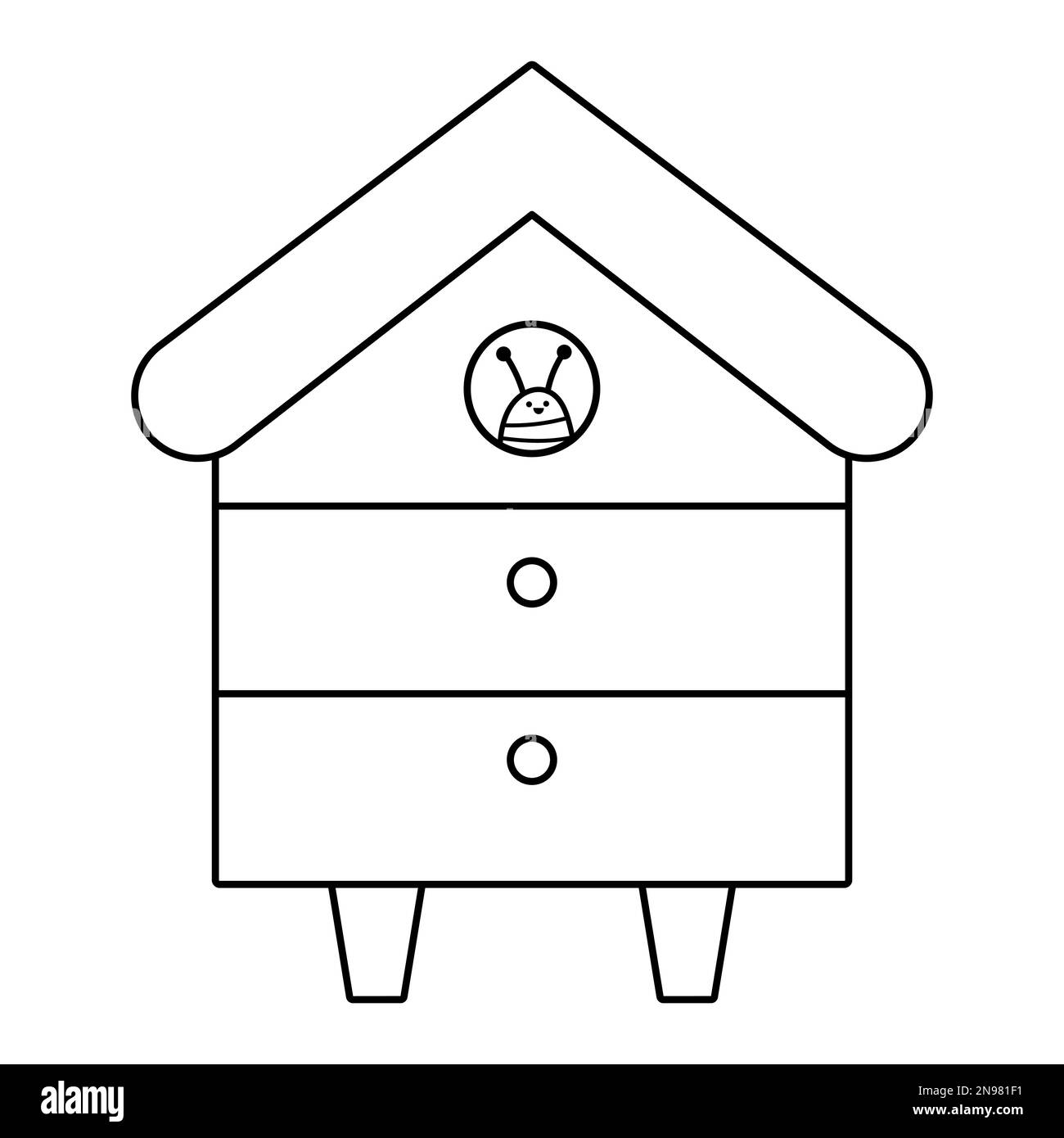 Vektor schwarz-weiße Bienenstrahllinie. Bienenhaus mit lächelnden Insekten isoliert auf weißem Hintergrund. Illustration der Imkerei oder Ausmalseite. Schatz Stock Vektor