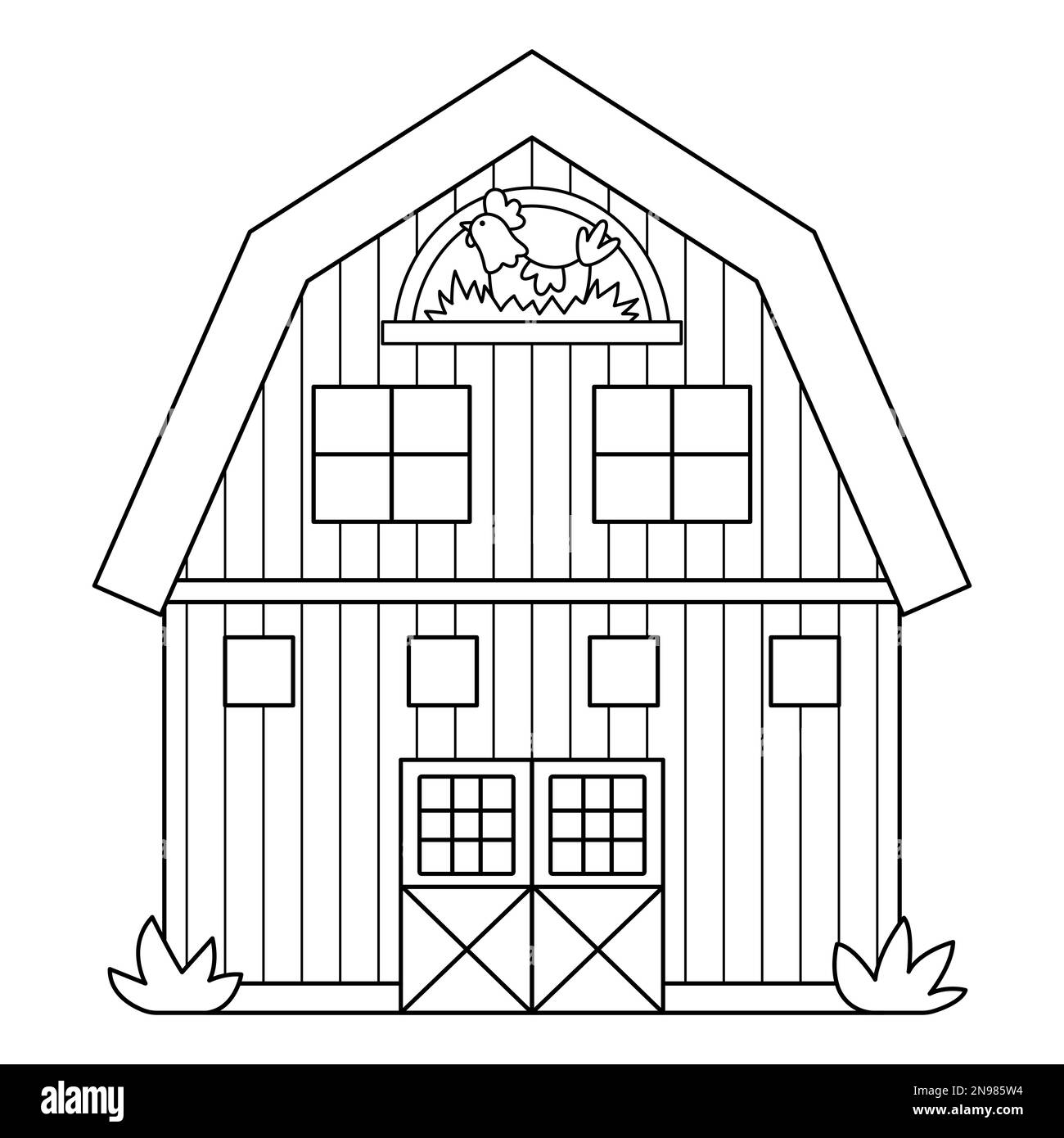 Schwarz-weißes Vektorsymbol isoliert auf weißem Hintergrund. Übersichtsdarstellung des Schuppen-Betriebs. Hübscher Holzschuppen mit Fenstern und Henne im Nest. Ru Stock Vektor