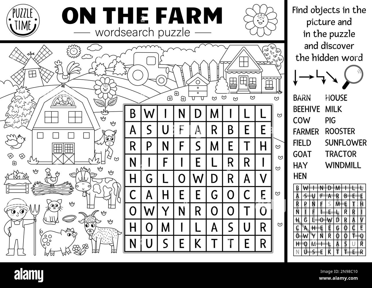 Ein Schwarzweiß-Wortspielchen für Kinder. Einfaches Quiz mit der Suchzeile für landwirtschaftliche Wörter und der Landschaft. Aktivität mit Kuh, Bauer, Ba Stock Vektor