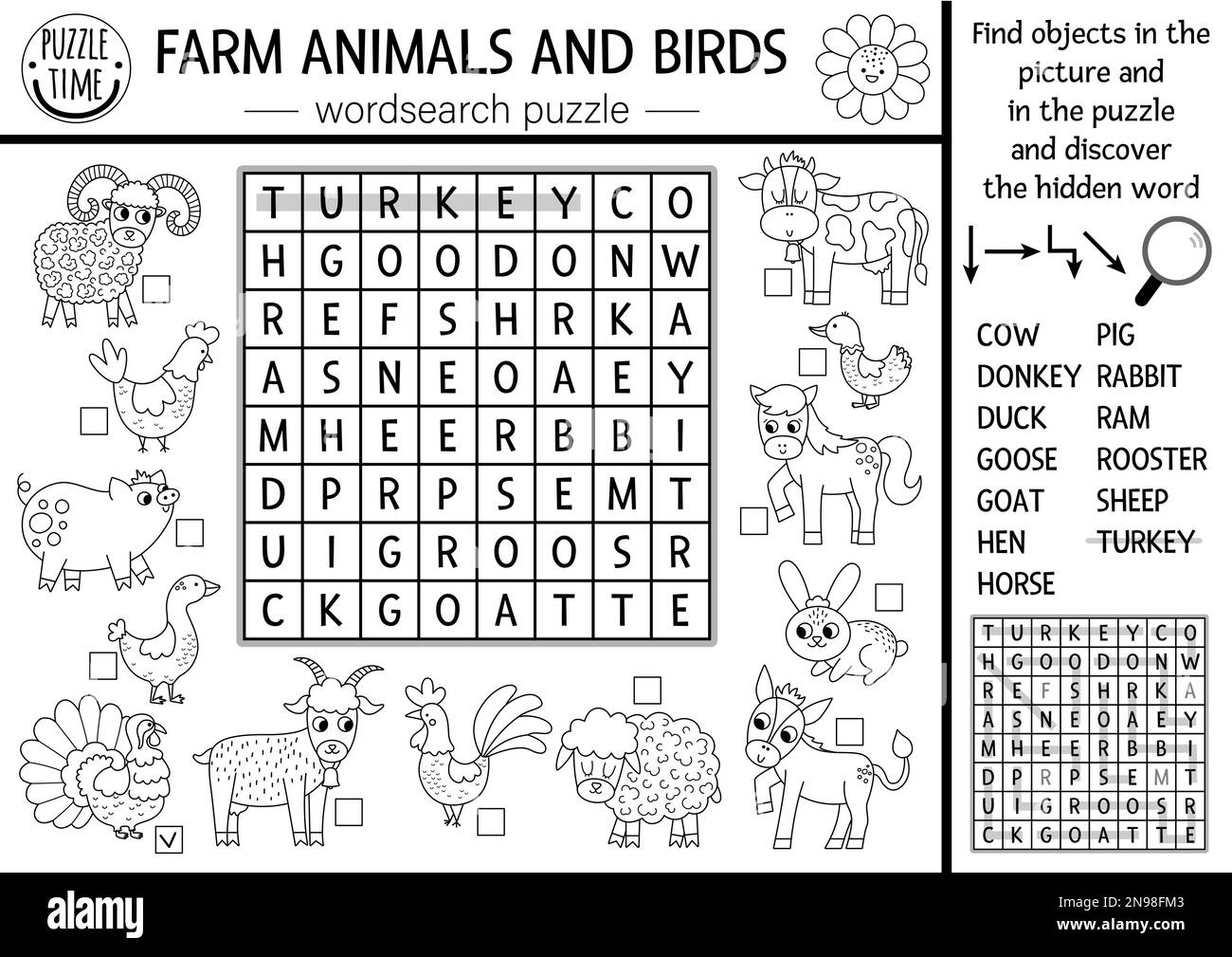 Vektorfarm Tiere und Vögel Schwarzweiß Wortspiele für Kinder. Einfaches Quiz zur Suchzeile für Bauernhöfe. Landesweite Bildungsaktivität mit Stock Vektor