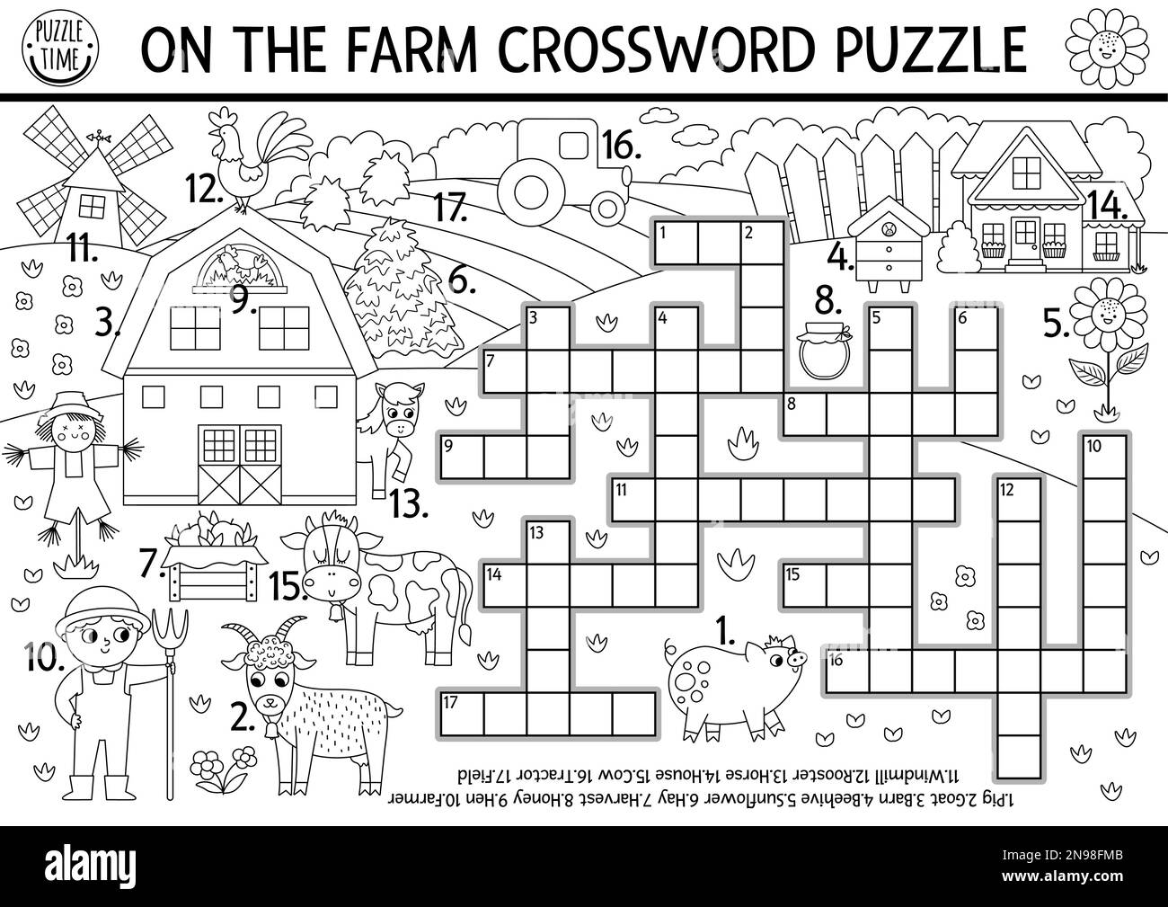Ein Schwarzweiß-Kreuzworträtsel für Kinder. Einfaches Quiz über Landschaftslandschaften. Erziehungsaktivität mit Kuh, farme Stock Vektor
