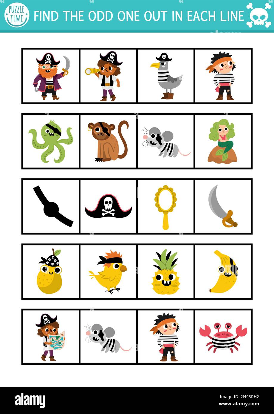 Finden Sie den Unbekannten heraus. Piratenaktivitäten für Kinder. Treasure Island Lernquiz-Arbeitsblatt für Kinder zur Aufmerksamkeit. Einfaches Meer Stock Vektor