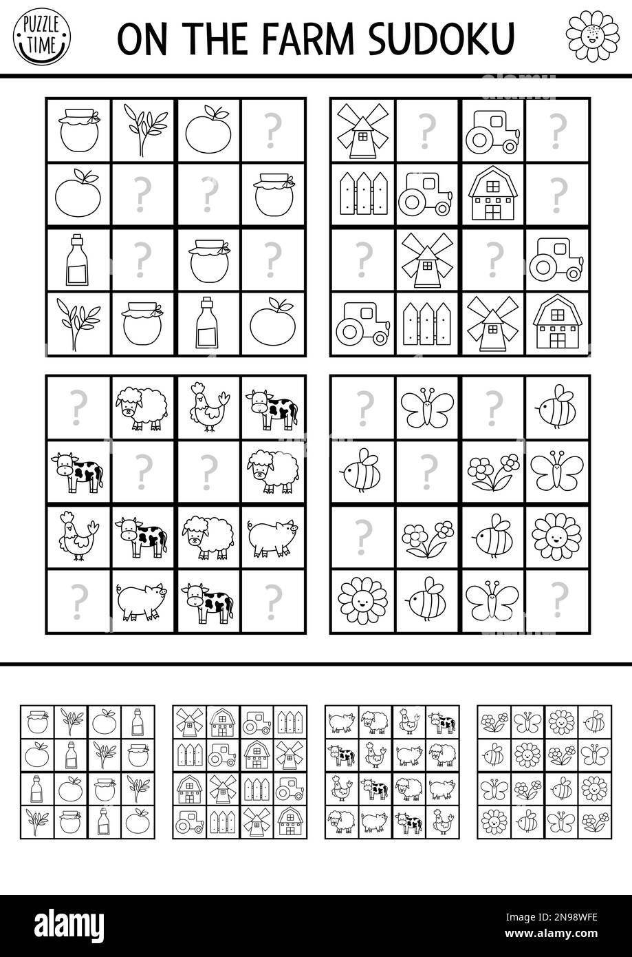 Vektorfarm Sudoku Schwarz-Weiß-Puzzle für Kinder mit Bildern. Einfaches Quiz auf dem Bauernhof mit fehlenden Elementen. Bildungsaktivität oder Ausmalseite w Stock Vektor