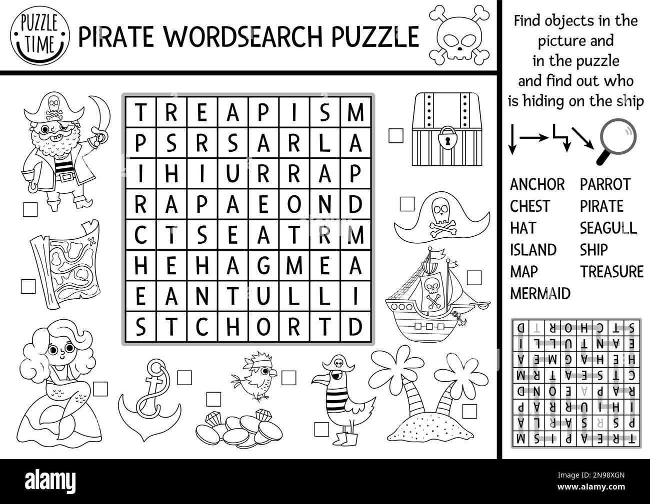 Schwarz-Weiß-Vektor-Piraten-Suchrätsel für Kinder. Einfaches Schatzinsel-Quiz zur Wortsuche für Kinder. Ausmalseite oder Aktivität mit s. Stock Vektor