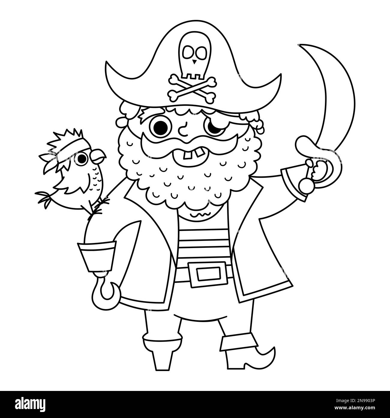 Schwarz-weißes Piratensymbol für Vektoren. Süße Linie, Seekapitän-Illustration. Schatzinsel-Jäger mit Bart, Papagei, Schimmel, Hahnenhut. Lustiger Umriss pi Stock Vektor