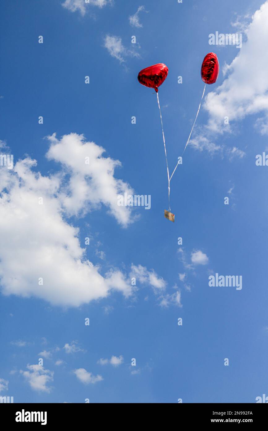 Zwei rote Luftballons in Herzform vor einem blauen Sommerhimmel mit weißen Schönwetterwolken Stockfoto