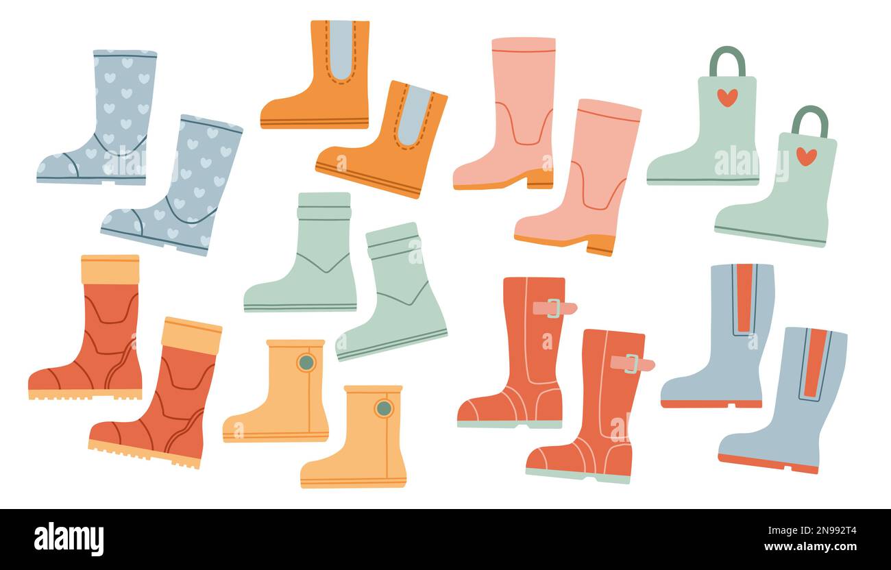 Satz Gummistiefel, verschiedene Farben und Formen. Vektor isoliert auf weißem Hintergrund. Stock Vektor