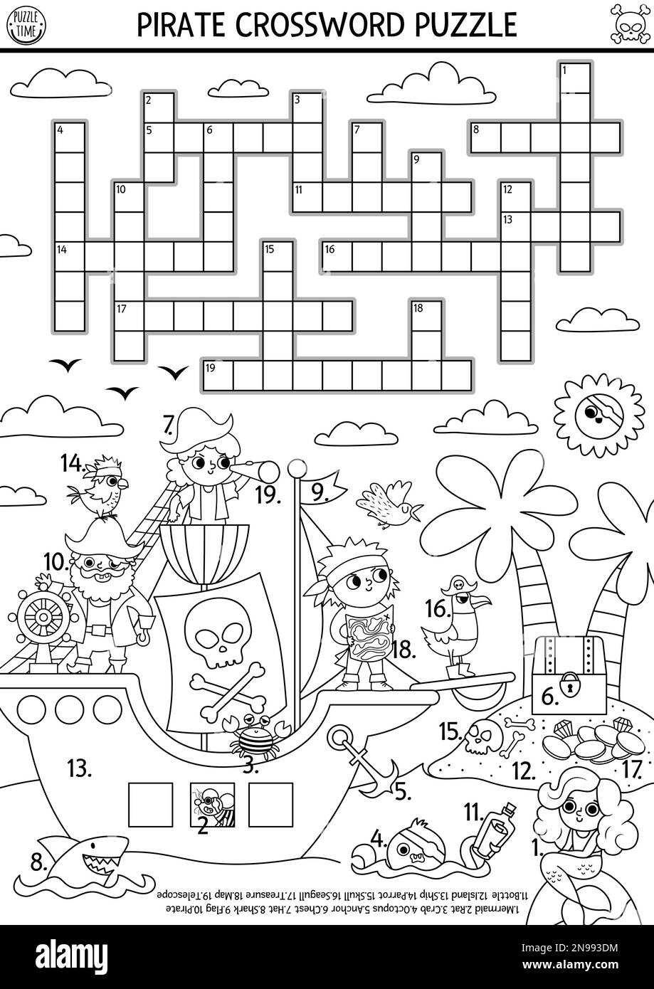 Schwarz-Weiß-Überträger-Piraten-Kreuzworträtsel für Kinder. Einfaches Schatzinsel-Quiz mit Meereslandschaft für Kinder. Bildungsaktivität oder Stock Vektor