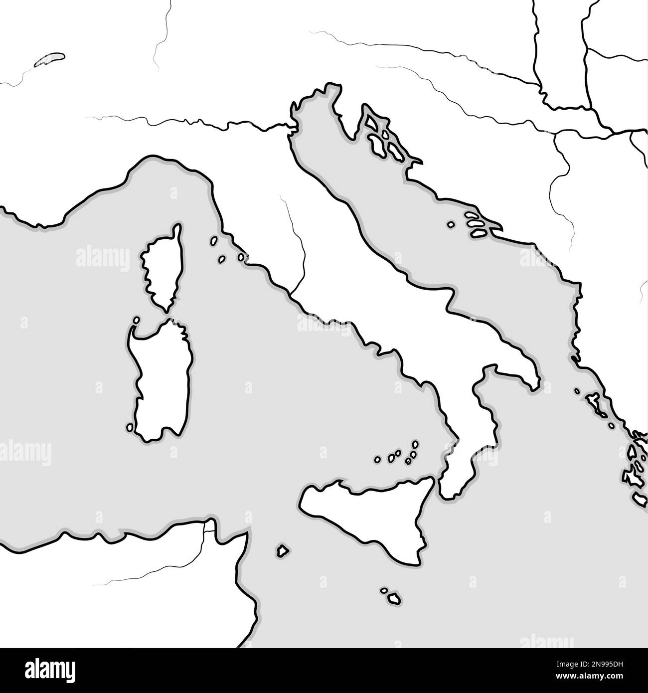 Karte der ITALIENISCHEN Länder: Italien, Toskana, Lombardei, Sizilien, Ligurien, Umbrien, Kampanien, Neapolitanien, Die Apenninen, Die Italienische Halbinsel, Adria & Stockfoto