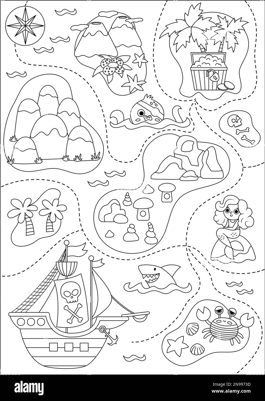 Vector Schwarzweiß Schatzinsel Karte mit Piratenschiff, Meerjungfrau, Tintenfisch. Süße tropische Meeresinseln mit Sand, Palmen, Vulkan, Felsen. Tre Stock Vektor