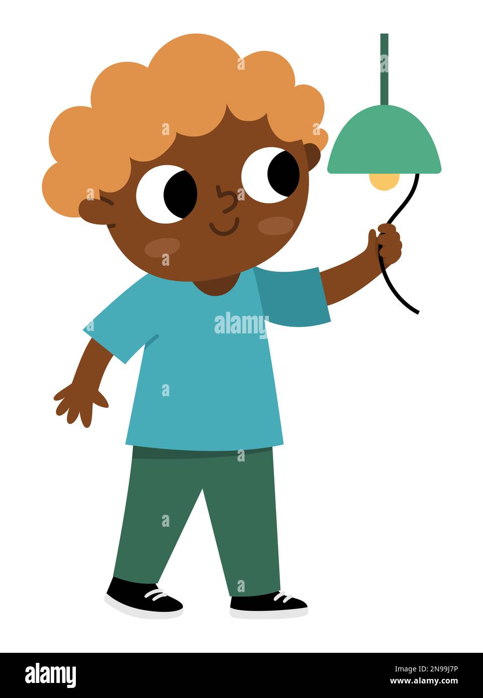 Junge, die Energie sparen – Symbol. Süßes, umweltfreundliches Kind. Kind, das das Licht dreht. Earth Day oder gesundes Lifestyle-Konzept Stock Vektor