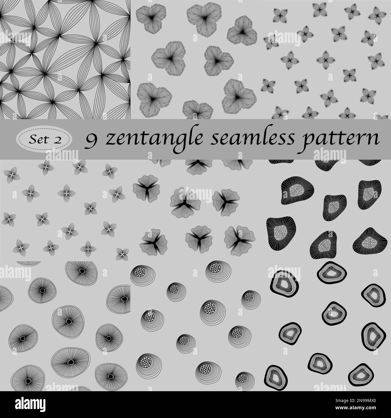 Set von 9 Zentangle nahtlose Muster, Designelement, Gestaltungselement, Hintergrund Stock Vektor