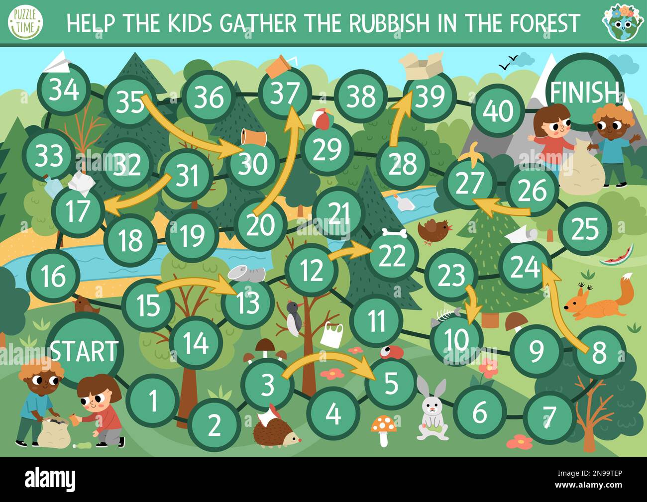 Ökologisches Würfelspiel für Kinder mit Kindern, die Müll im Wald sammeln. Das Boardgame vom Earth Day. Druckbare Tätigkeit oder Arbeit zum Recycling von Abfällen Stock Vektor