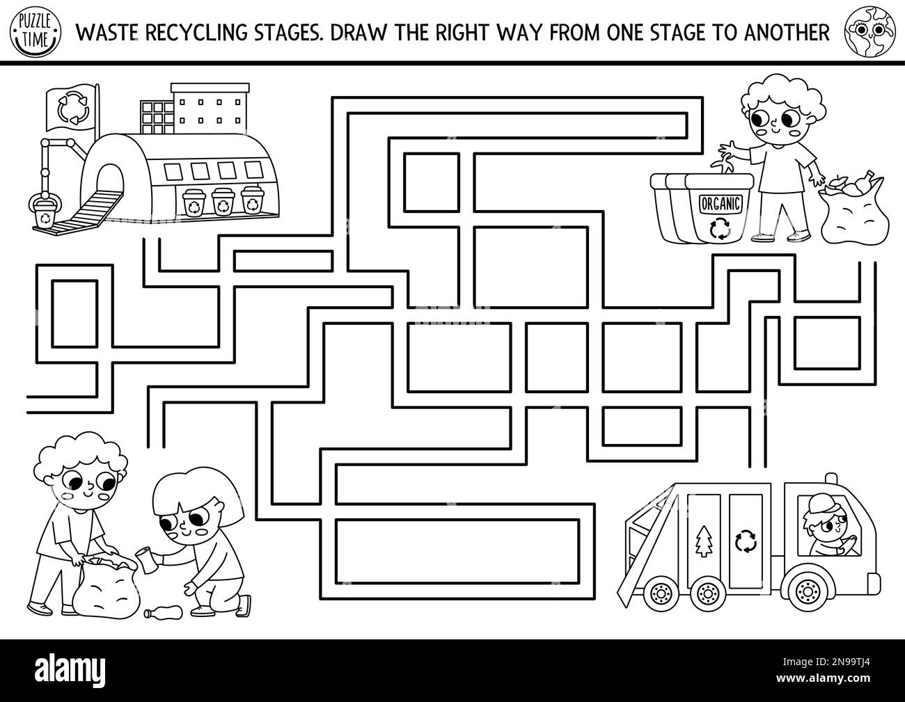 Labyrinth-Spiel für Kinder. Verbindung zwischen Abfall und Mülleimer.  Themenaktivitäten zur Mülltrennung für Kleinkinder und Kinder  Stock-Vektorgrafik von ©ksuklein 255978362