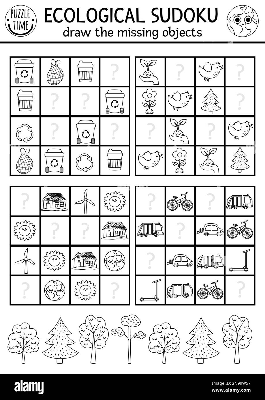 Vektor-ökologisches Sudoku-Puzzle für Kinder mit Bildern. Einfaches Schwarz-Weiß-Quiz oder Ausmalseite zum Erdentag. Schulungsbereich für Umweltbewusstsein Stock Vektor